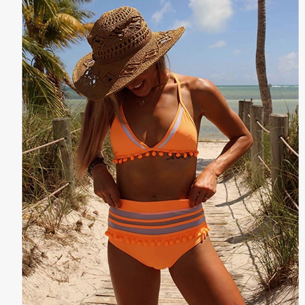 NEW HEYMISS Orange High Waist Mesh Pom Pom Bikini